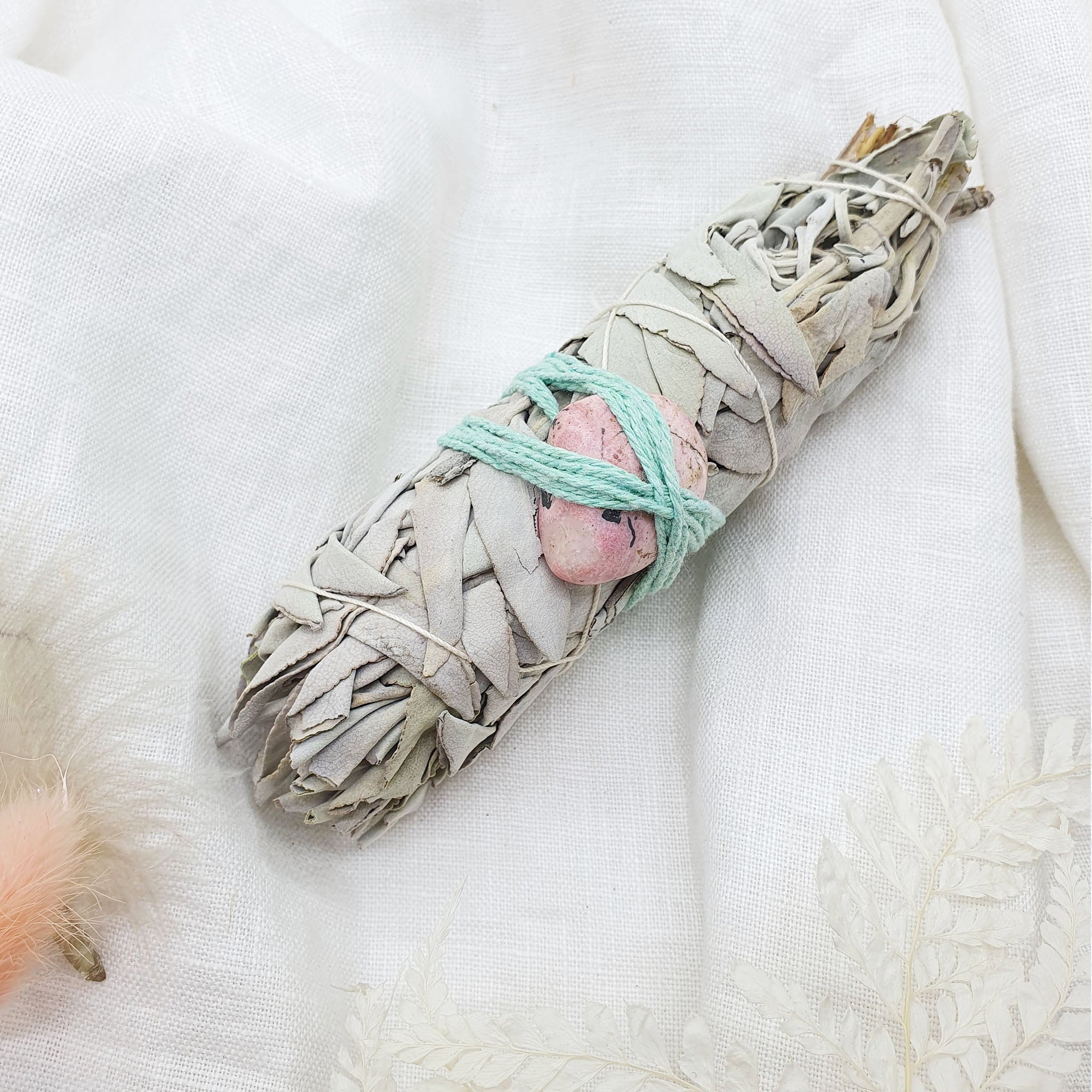 white sage smudge stick with rhodonite