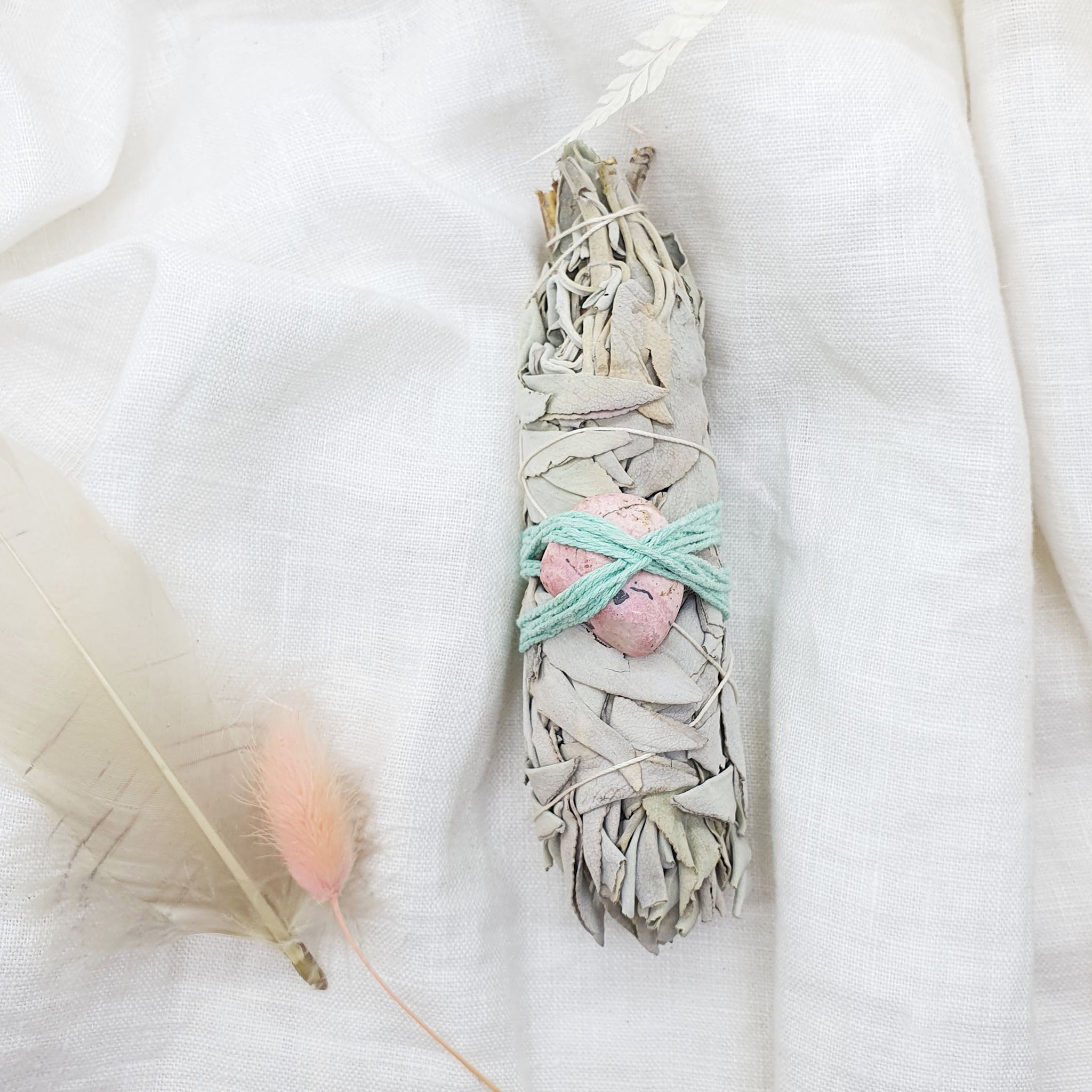 white sage smudge stick with rhodonite