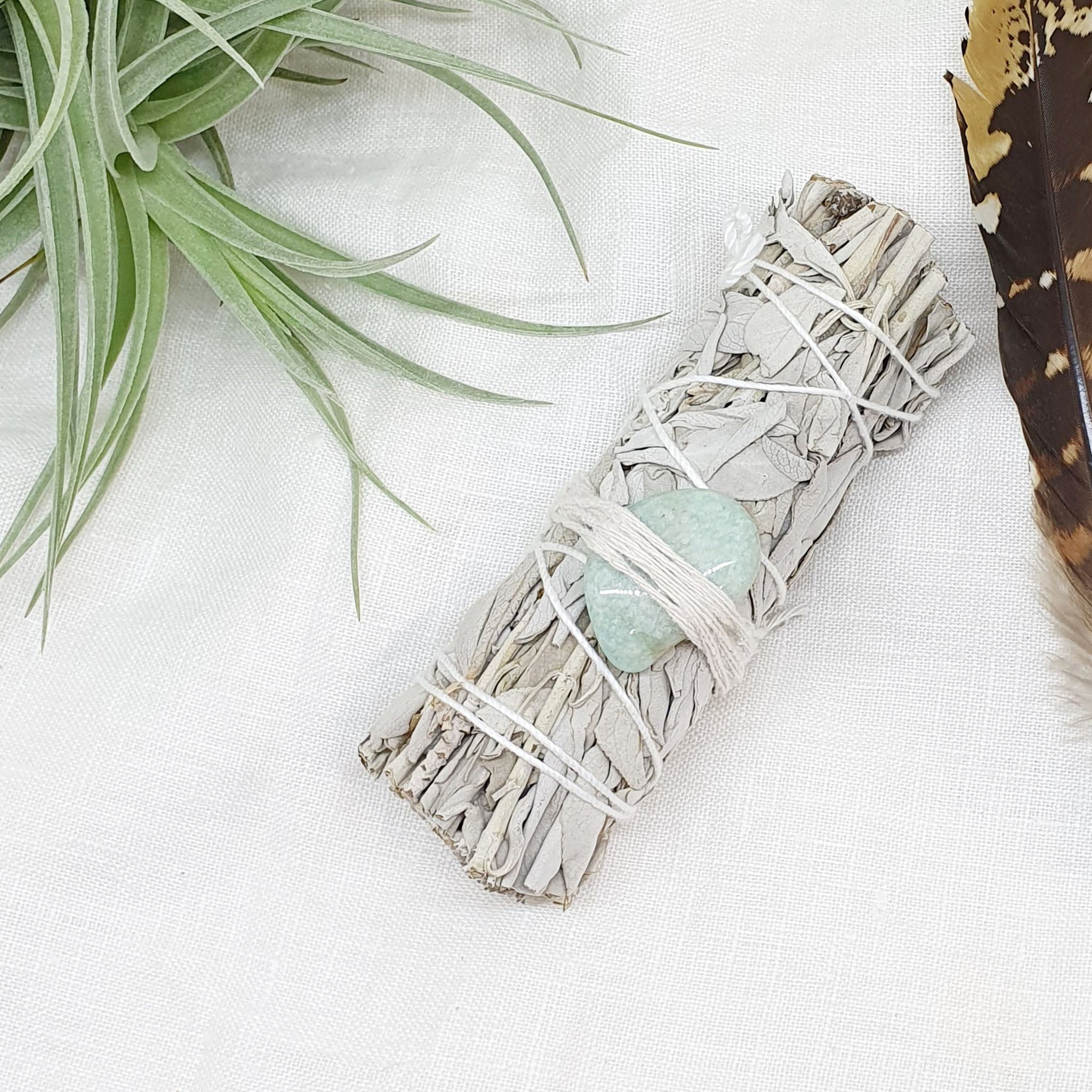 white sage smudge stick with amazonite