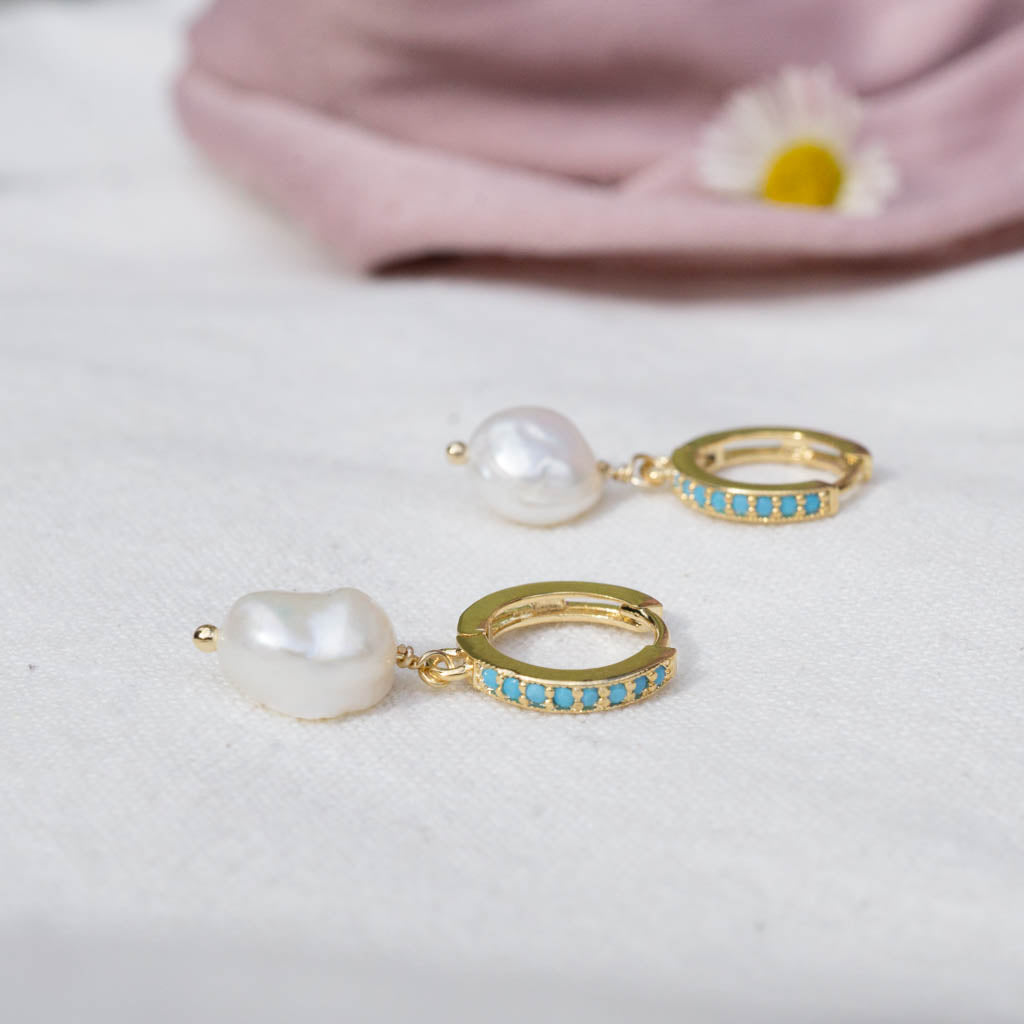 turquoise hoops with freshwater pearls earrings